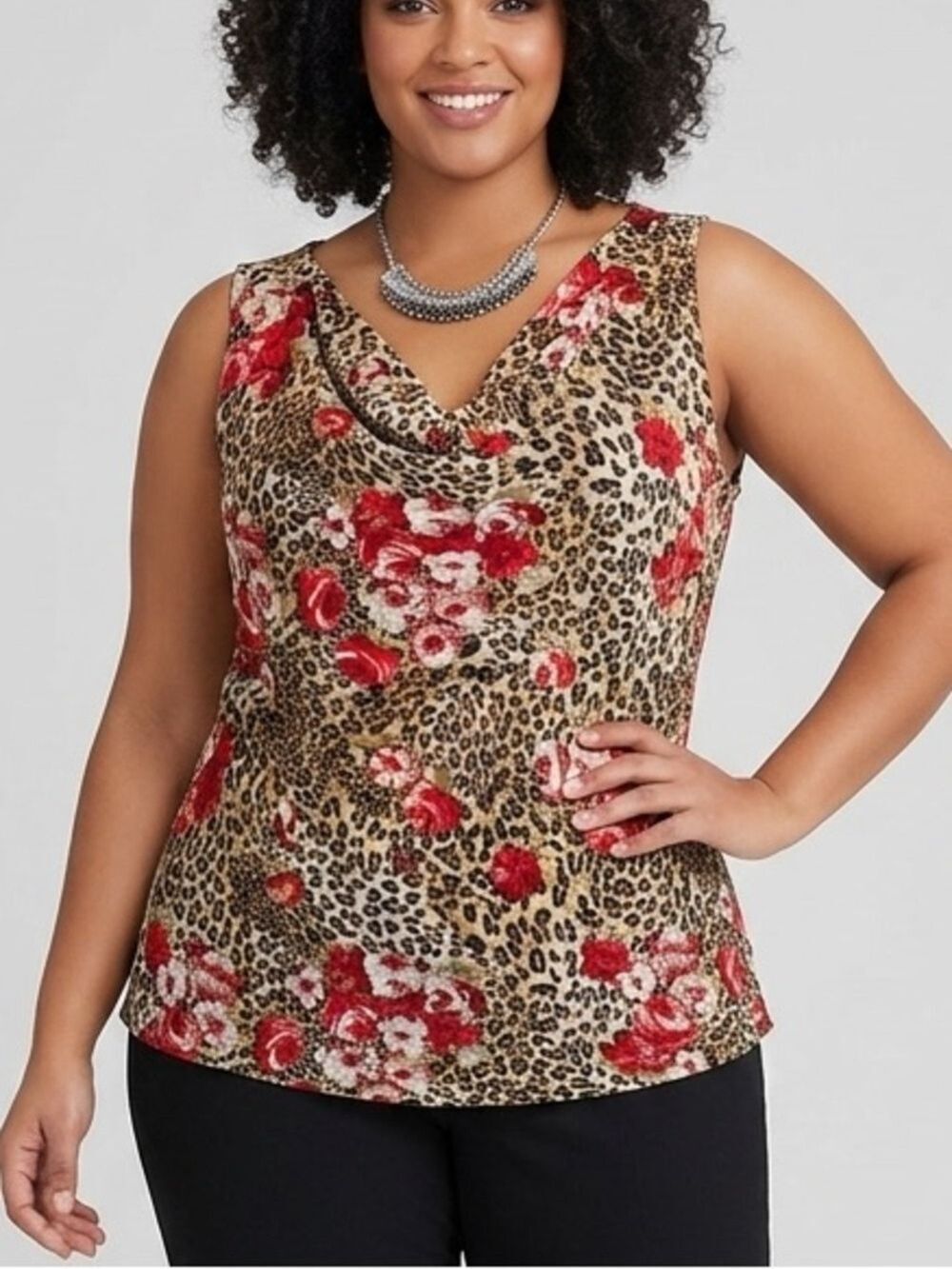 😍CLEARANCE -  FENOMENON Sleeveless Leopard Rose Print Cowl Neck Top 1X